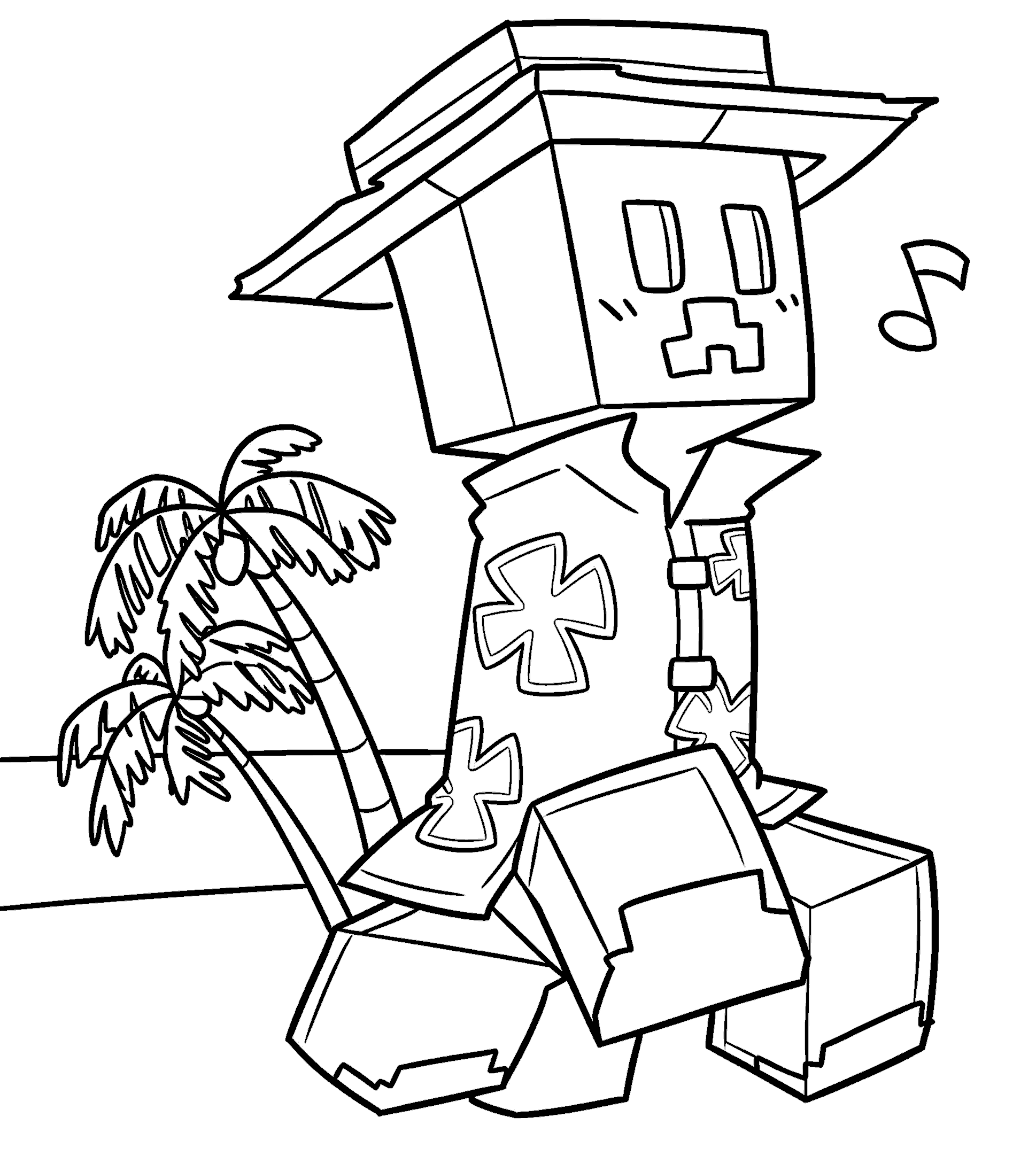 minecraft cute creeper on beach summer vacation line art for kids