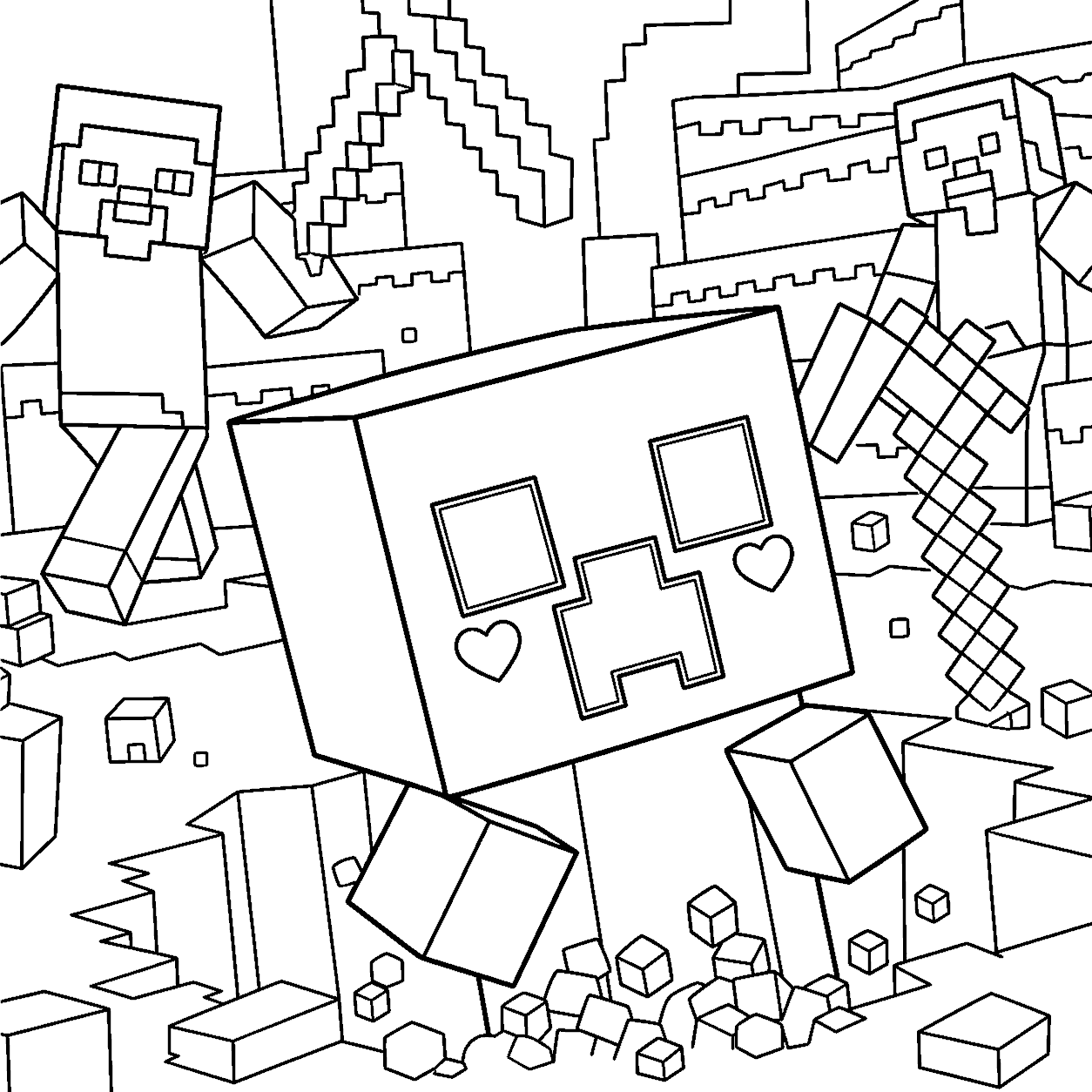 minecraft cute creeper with hearts and steves mining line art for kids