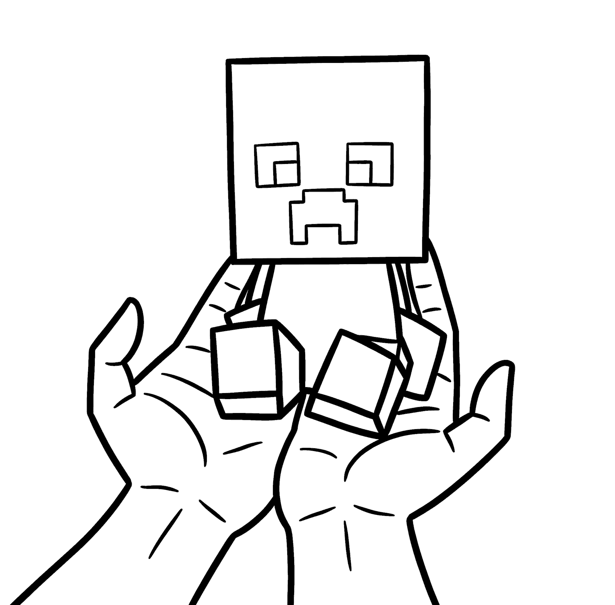 minecraft tiny baby creeper sitting in cupped hands line art for kids