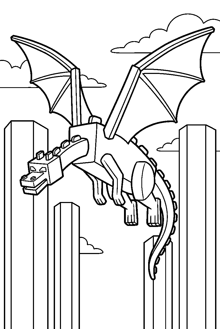 minecraft ender dragon flying between obsidian pillars line art