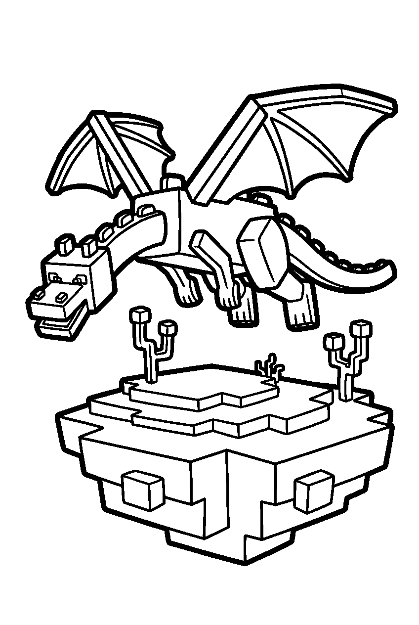 minecraft ender dragon flying over an end stone island line art