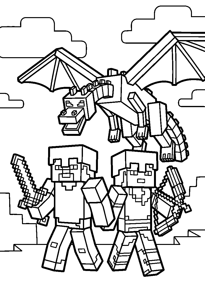 steve and alex vs minecraft ender dragon line art