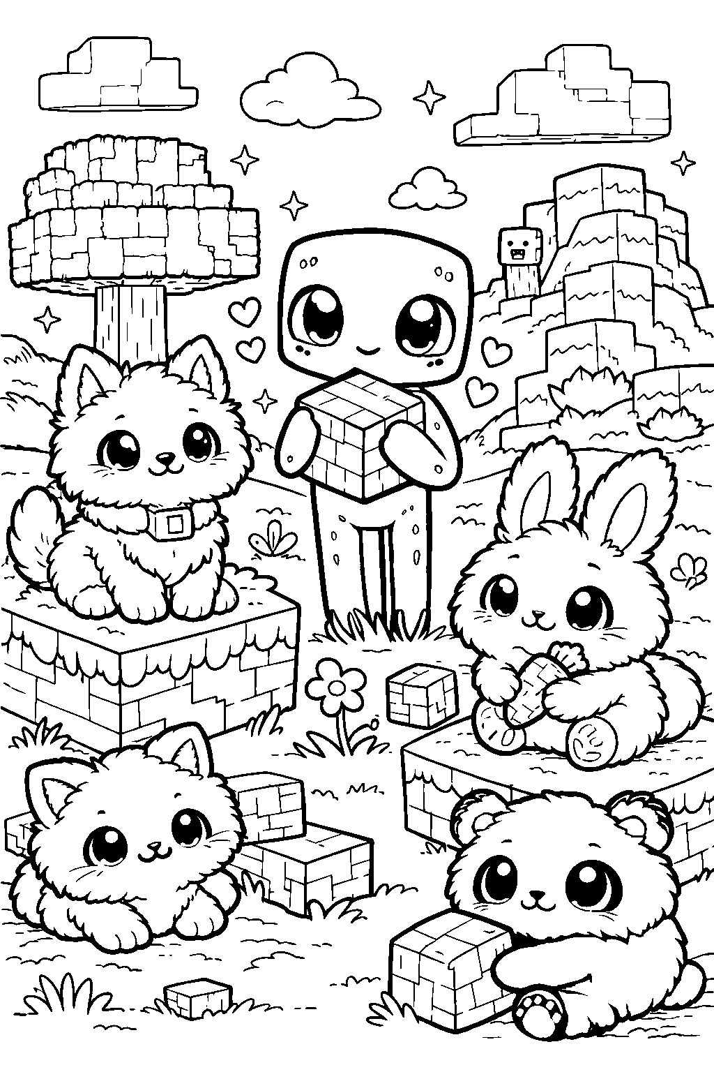 cute minecraft enderman and forest friends line art