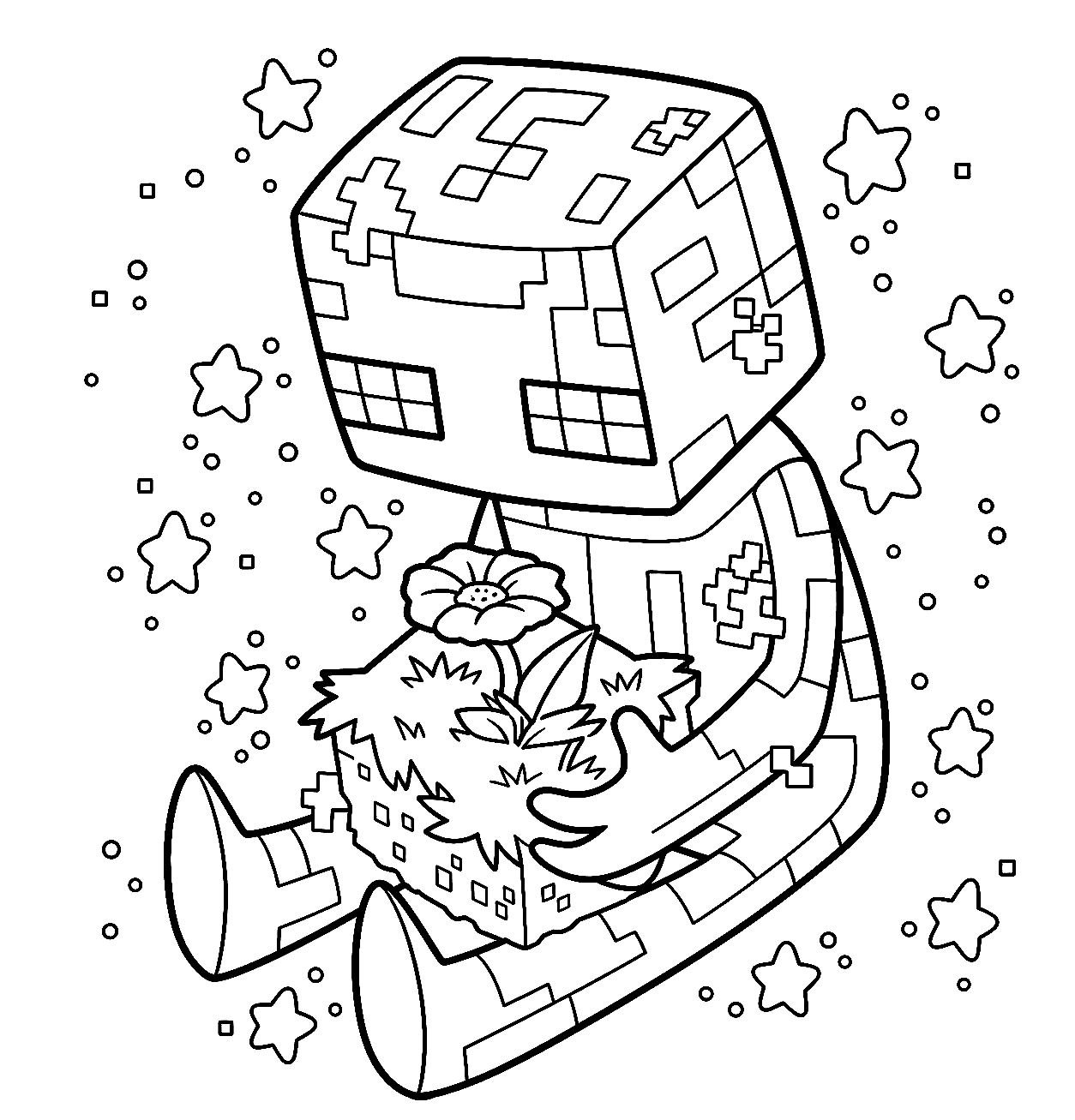 minecraft chibi enderman holding flower grass block line art for kids