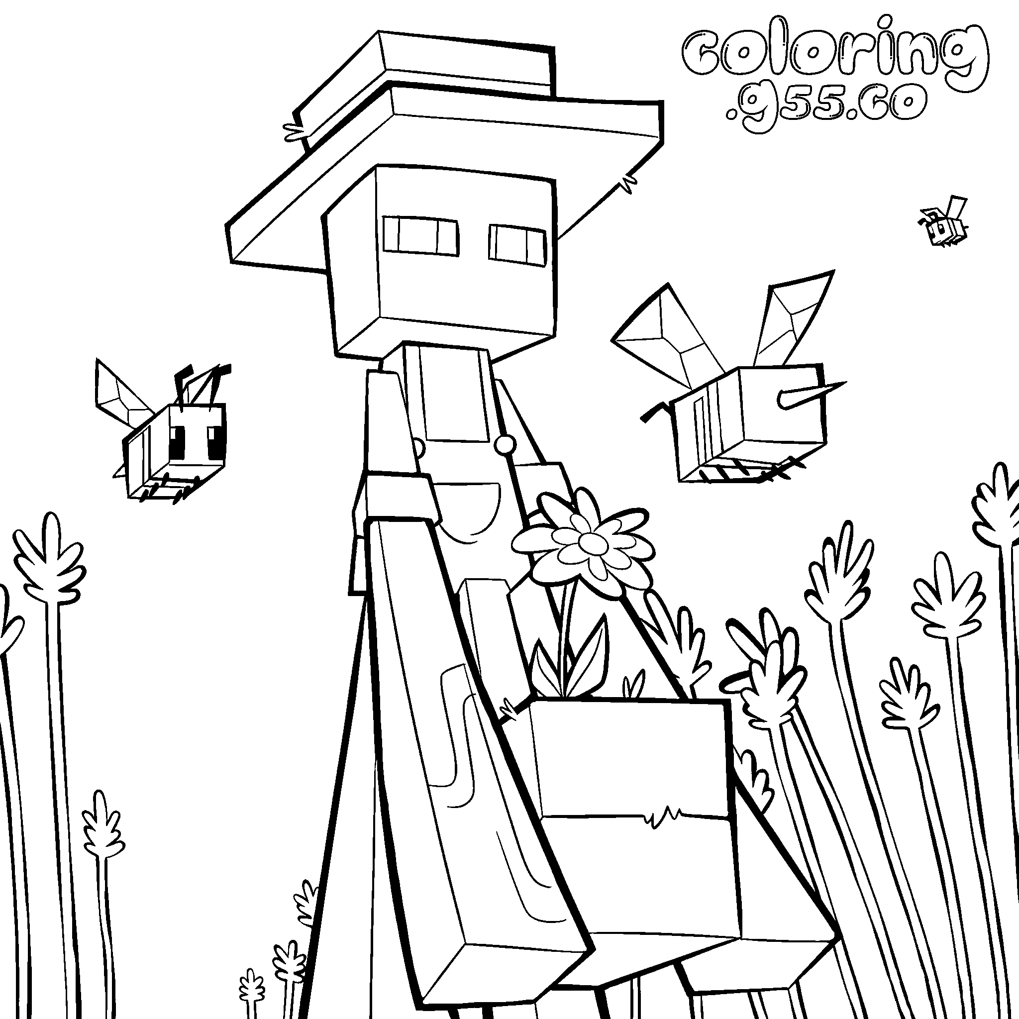 minecraft cute enderman farmer with bees line art for kids