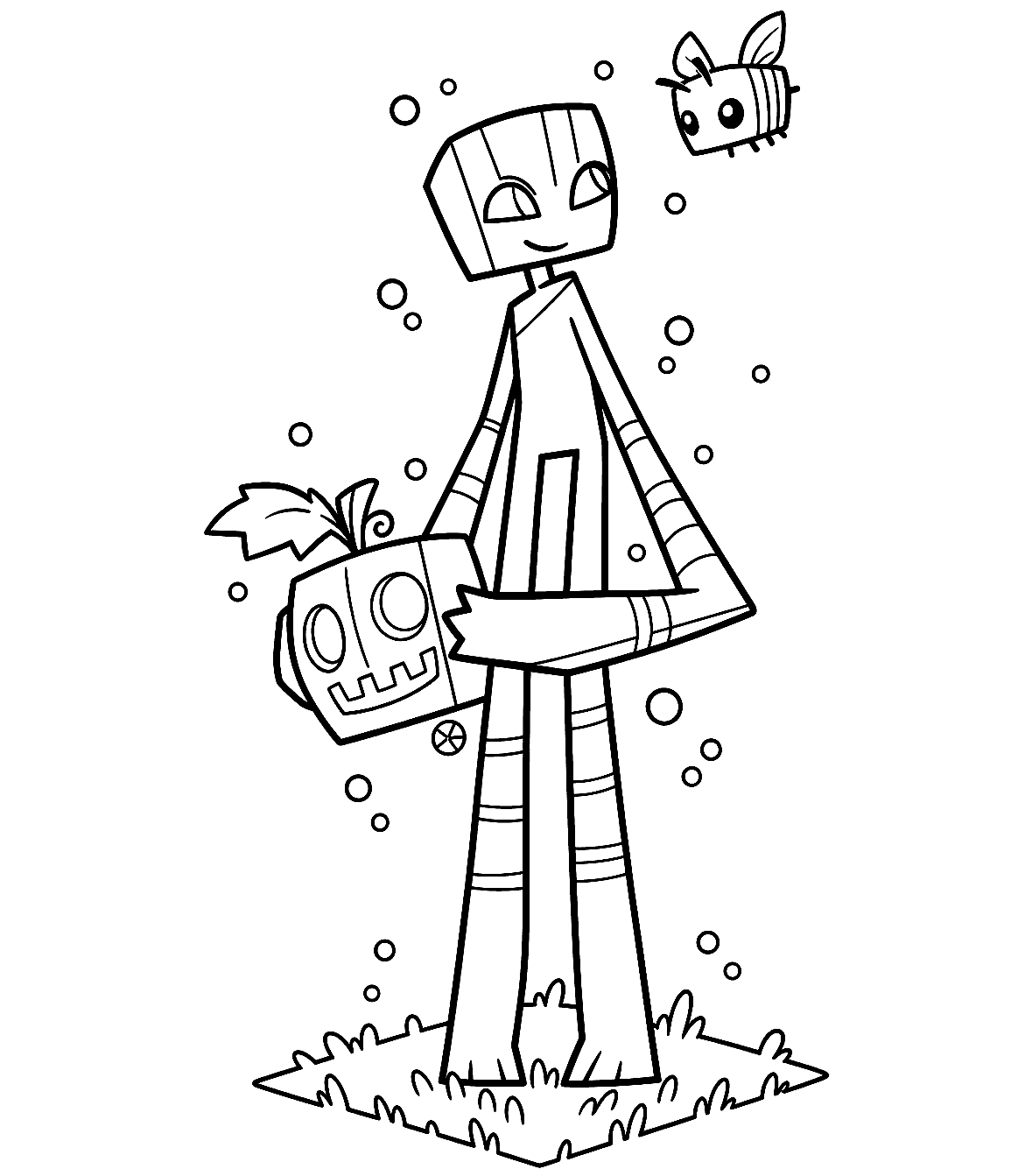 minecraft cute enderman holding halloween carved pumpkin line art for kids