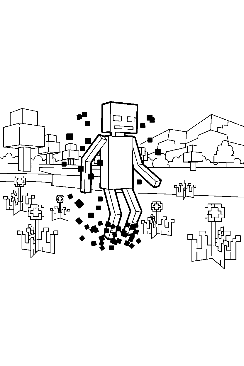 minecraft enderman appearing suddenly in a meadow line art