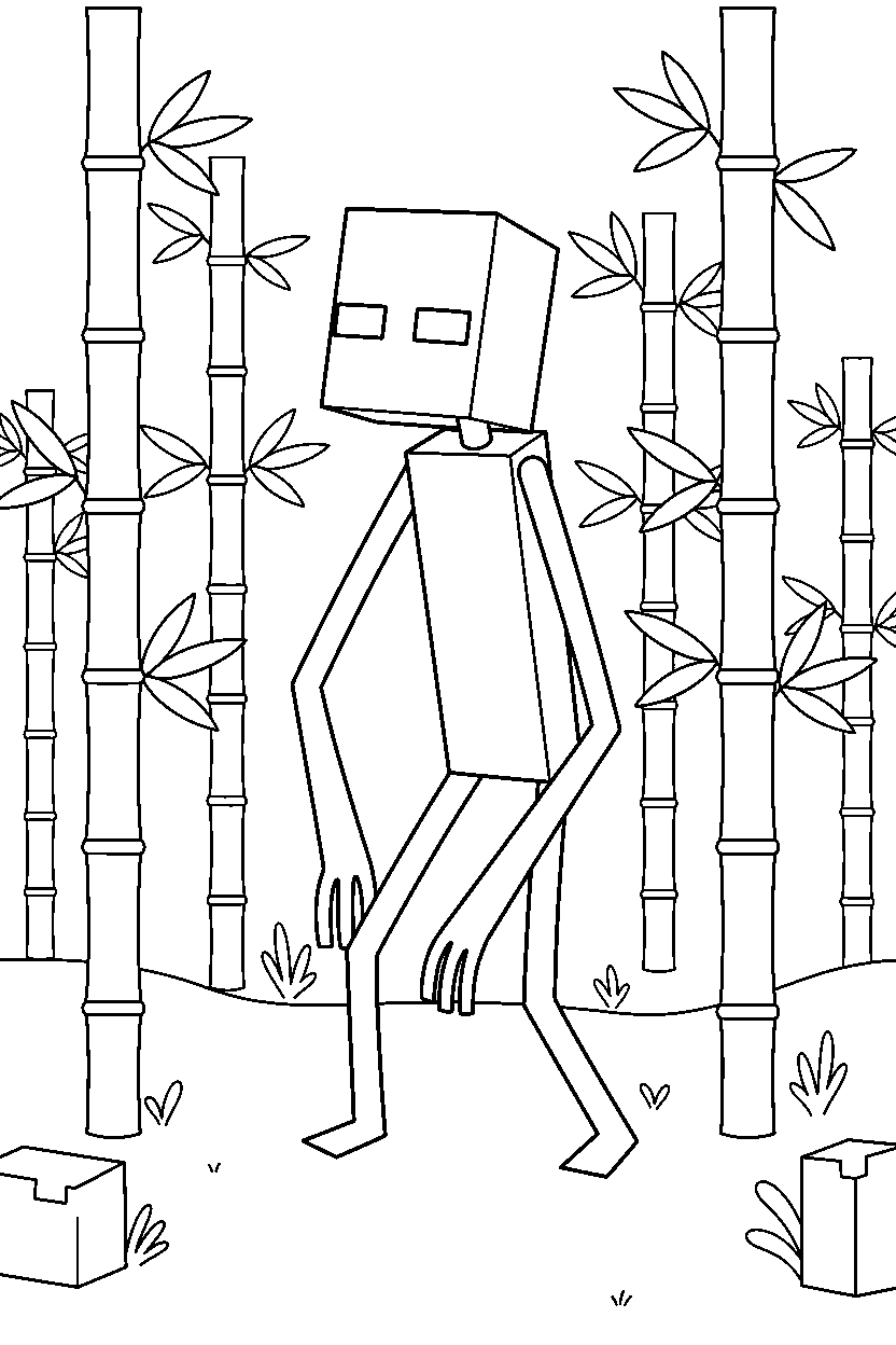minecraft enderman approaching quietly in a bamboo jungle line art