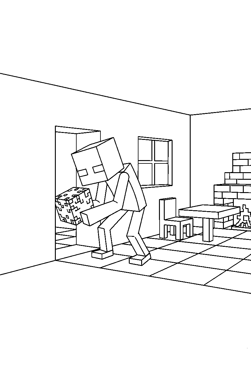 minecraft enderman approaching quietly inside a house line art