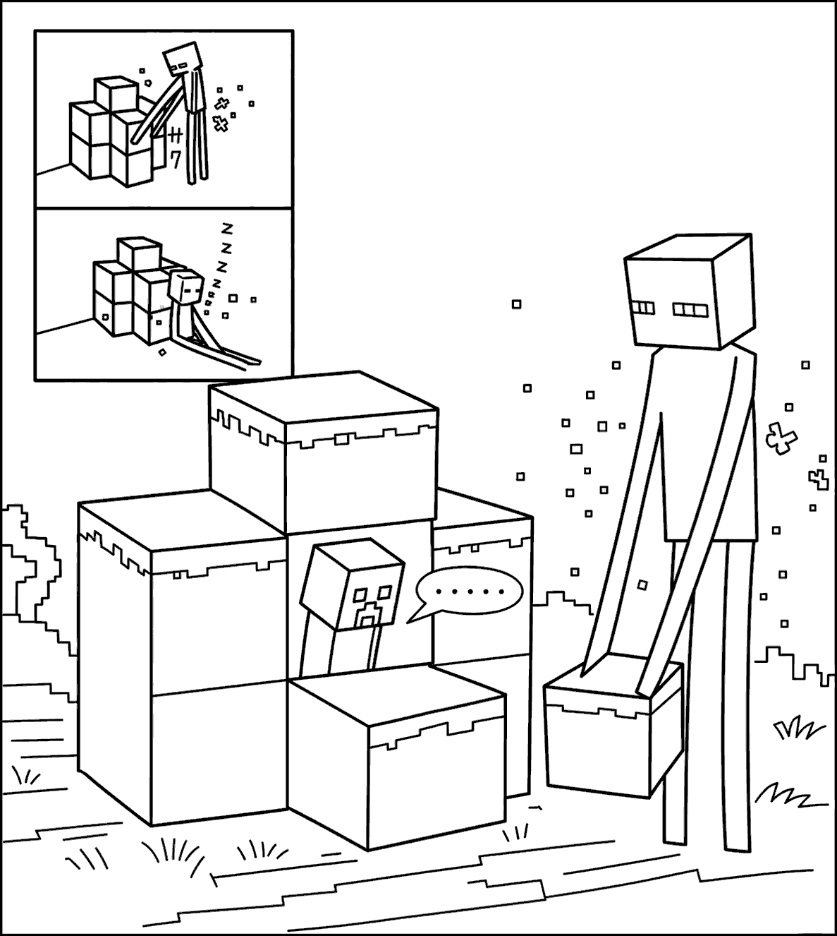 minecraft enderman building house trapping cute creeper line art for kids