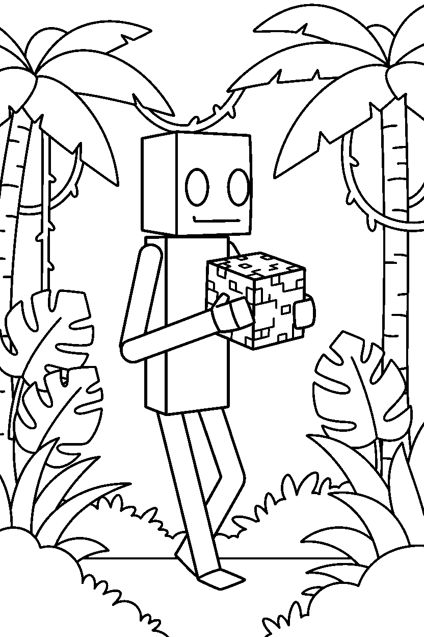 minecraft enderman carrying a block quietly in a jungle line art