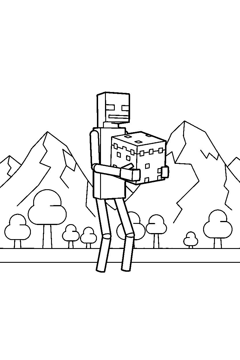 minecraft enderman carrying a block quietly in mountains line art