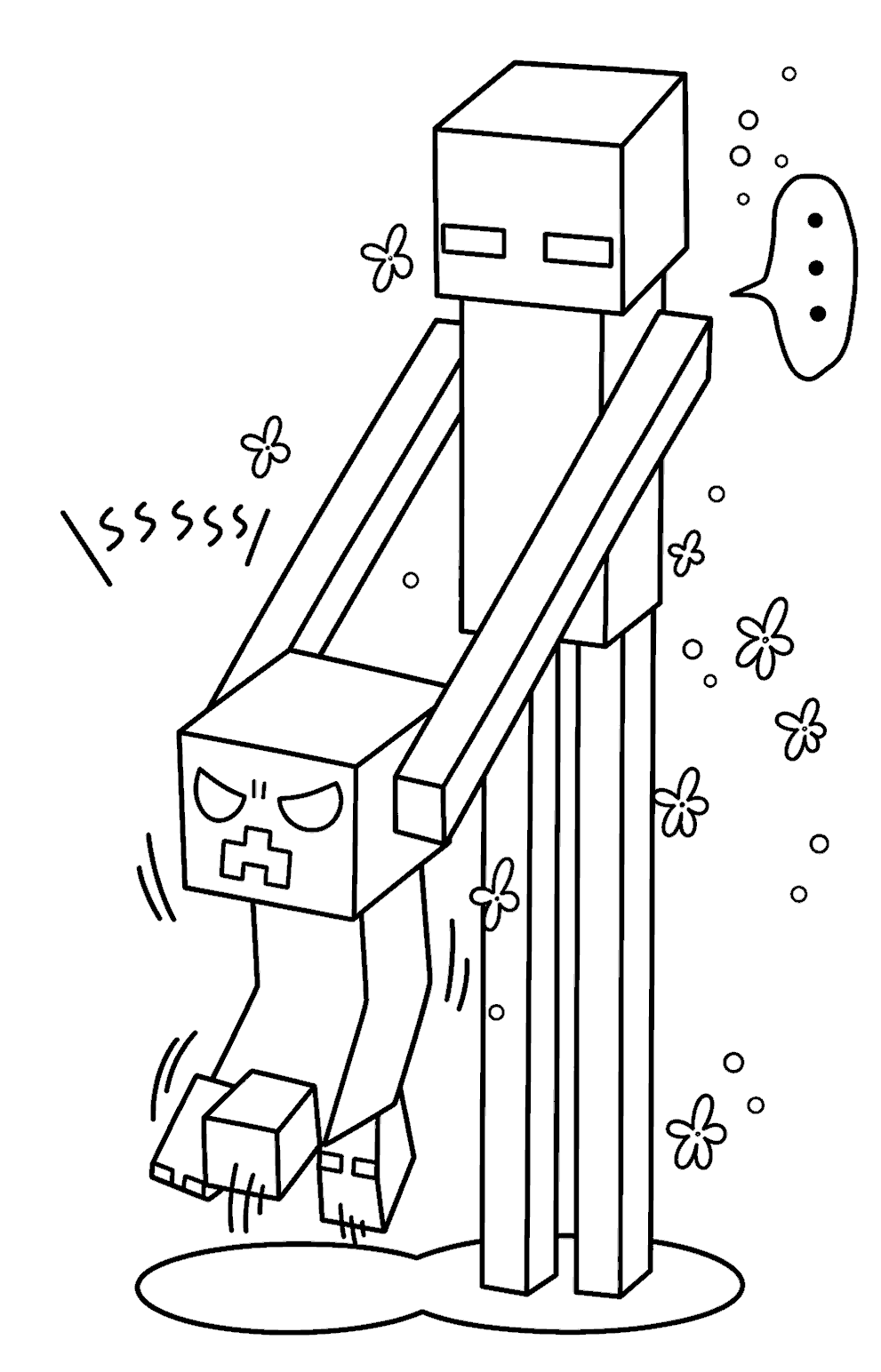 minecraft enderman carrying angry shaking creeper line art for kids