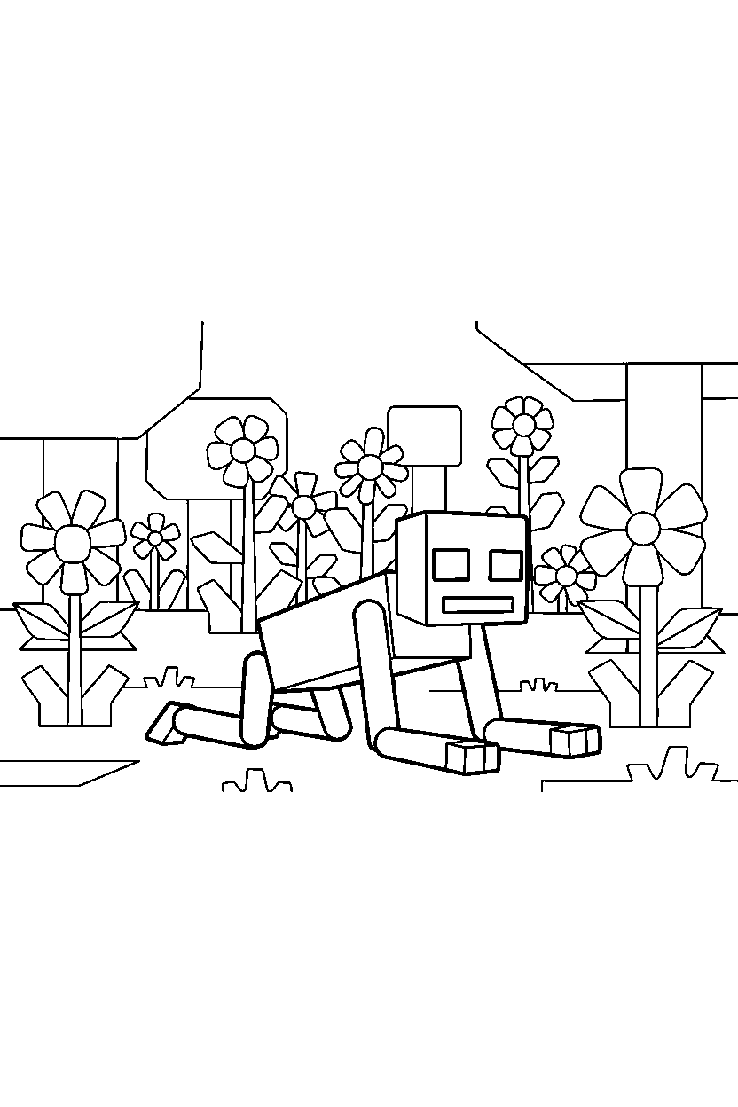 minecraft enderman crawling calmly in a flower forest line art