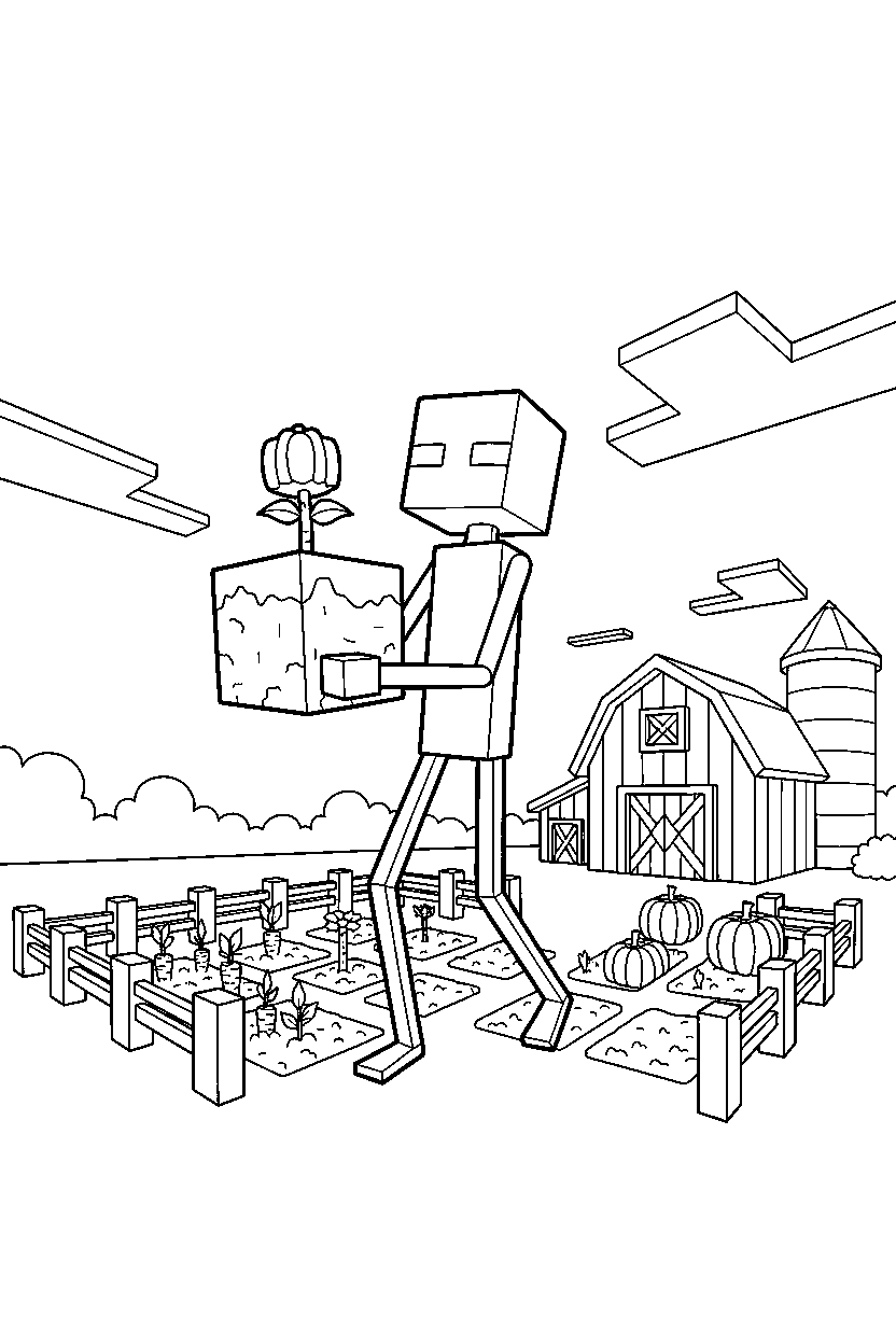 minecraft enderman exploring in farm line art