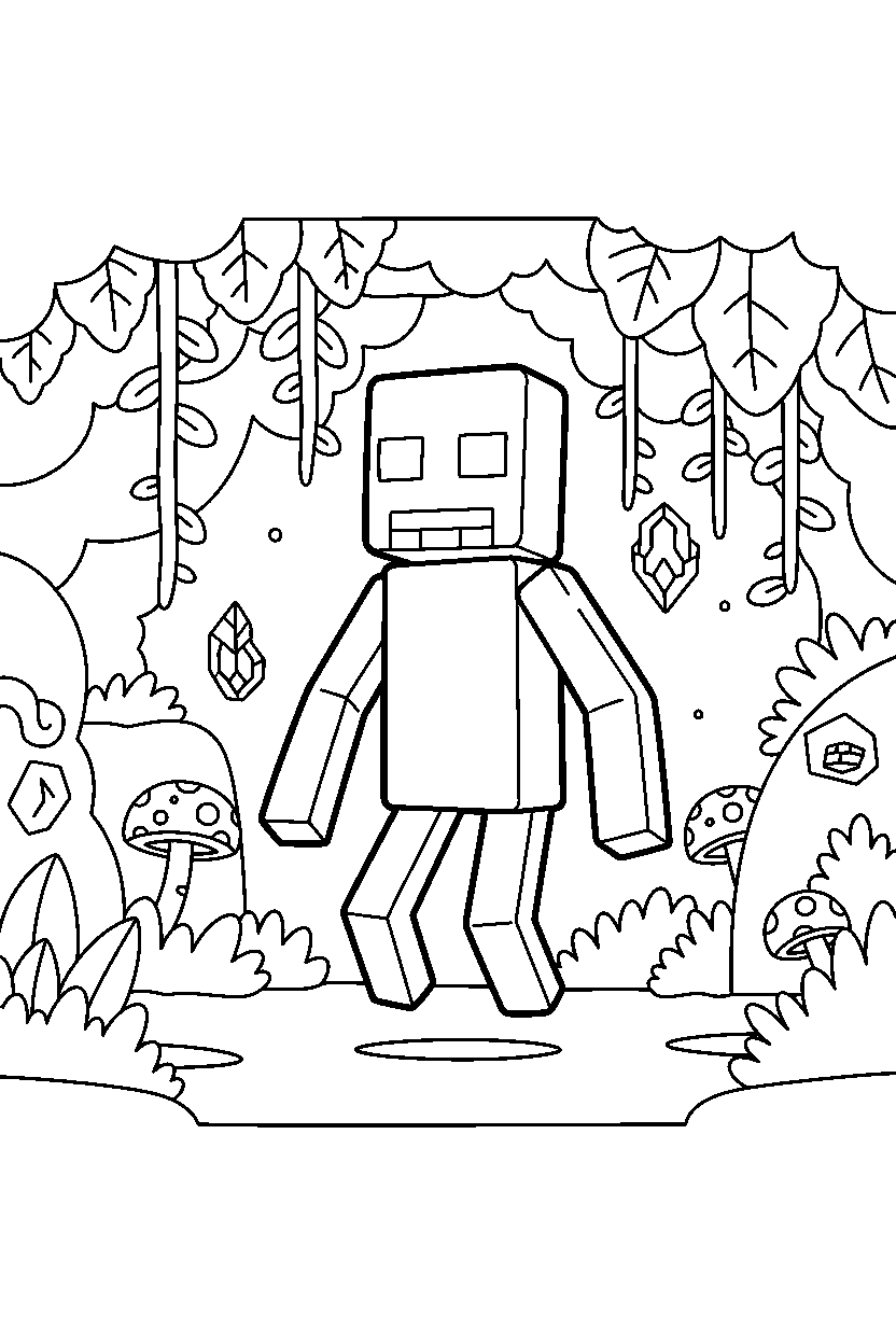 minecraft enderman floating calmly in a lush cave line art