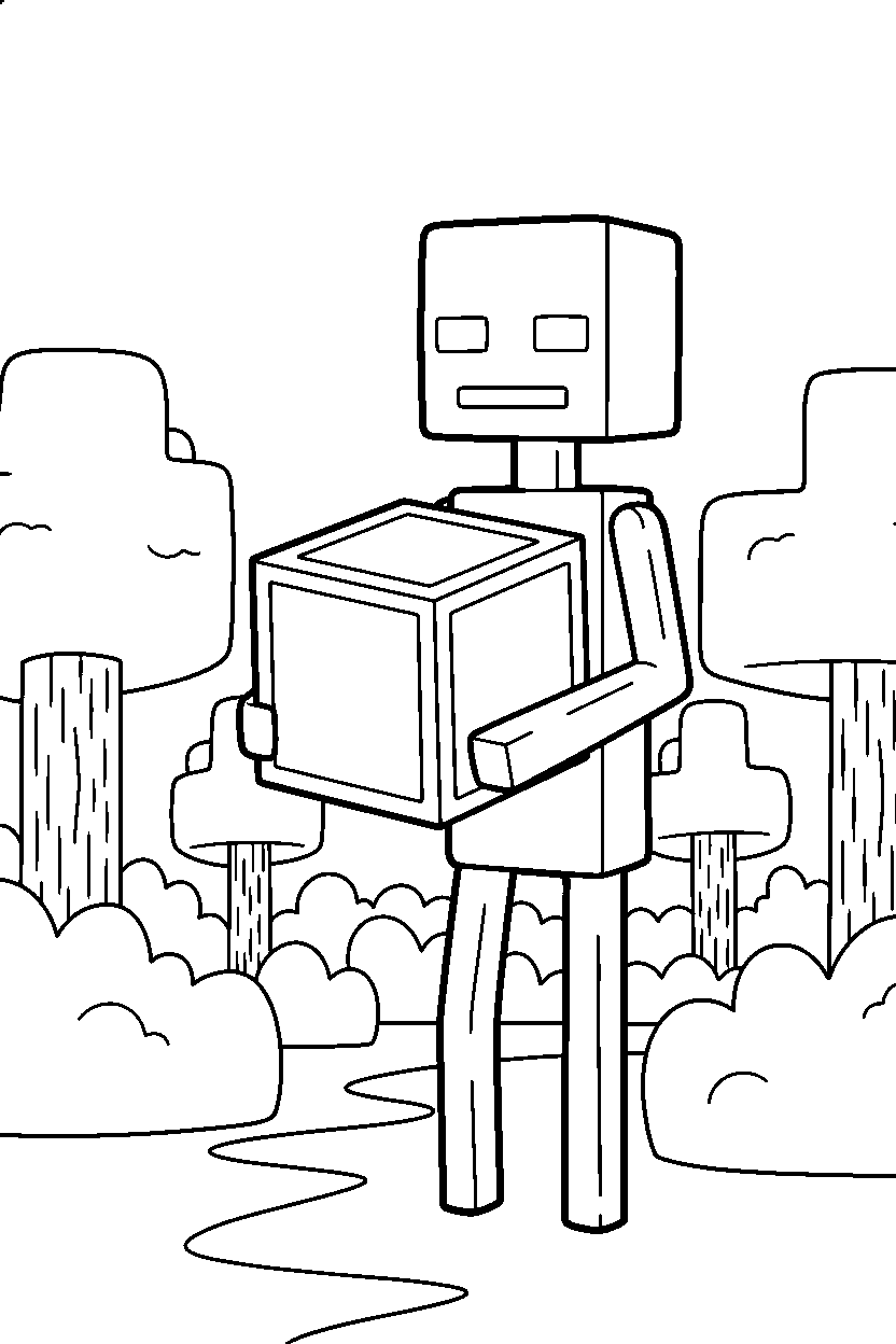 minecraft enderman holding a block silently in a forest line art