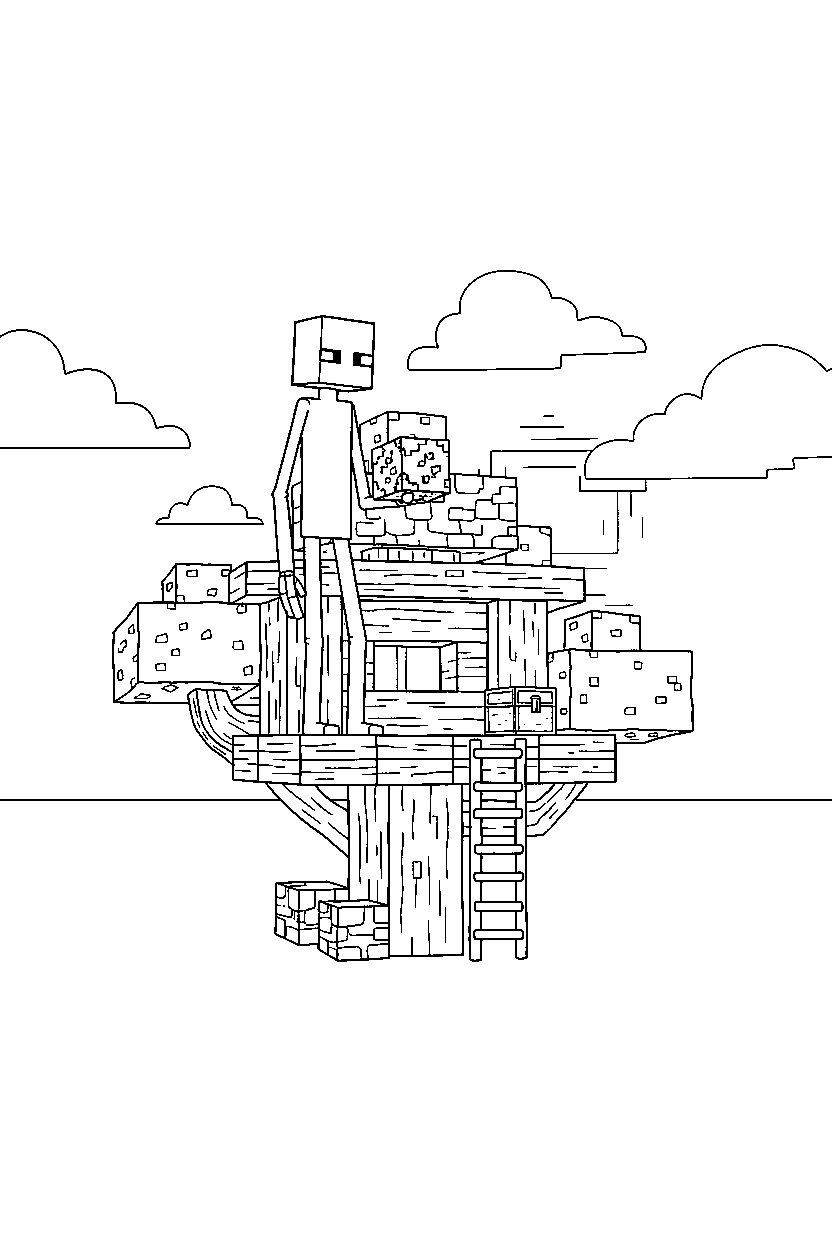 minecraft enderman holding a block silently in a treehouse base line art