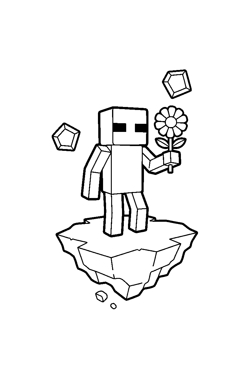 minecraft enderman holding a flower on an end island line art