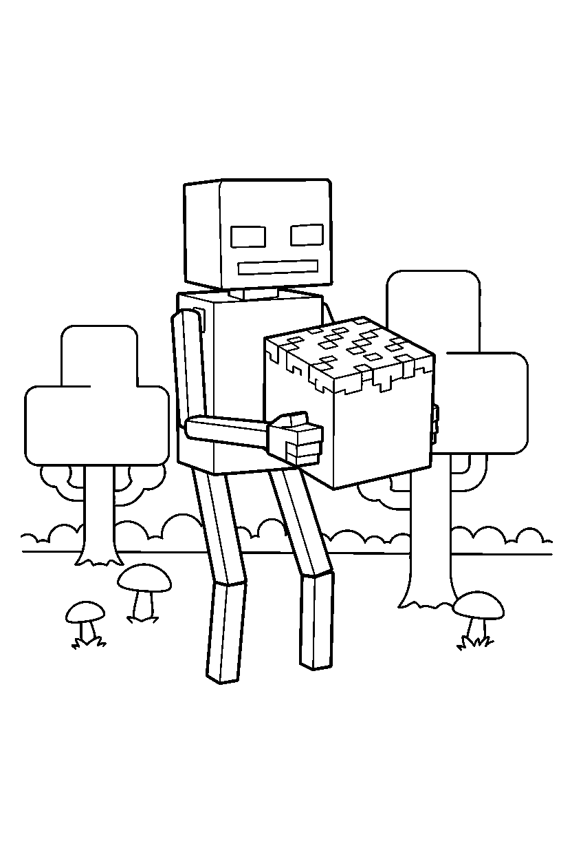 minecraft enderman holding a grass block in a forest line art