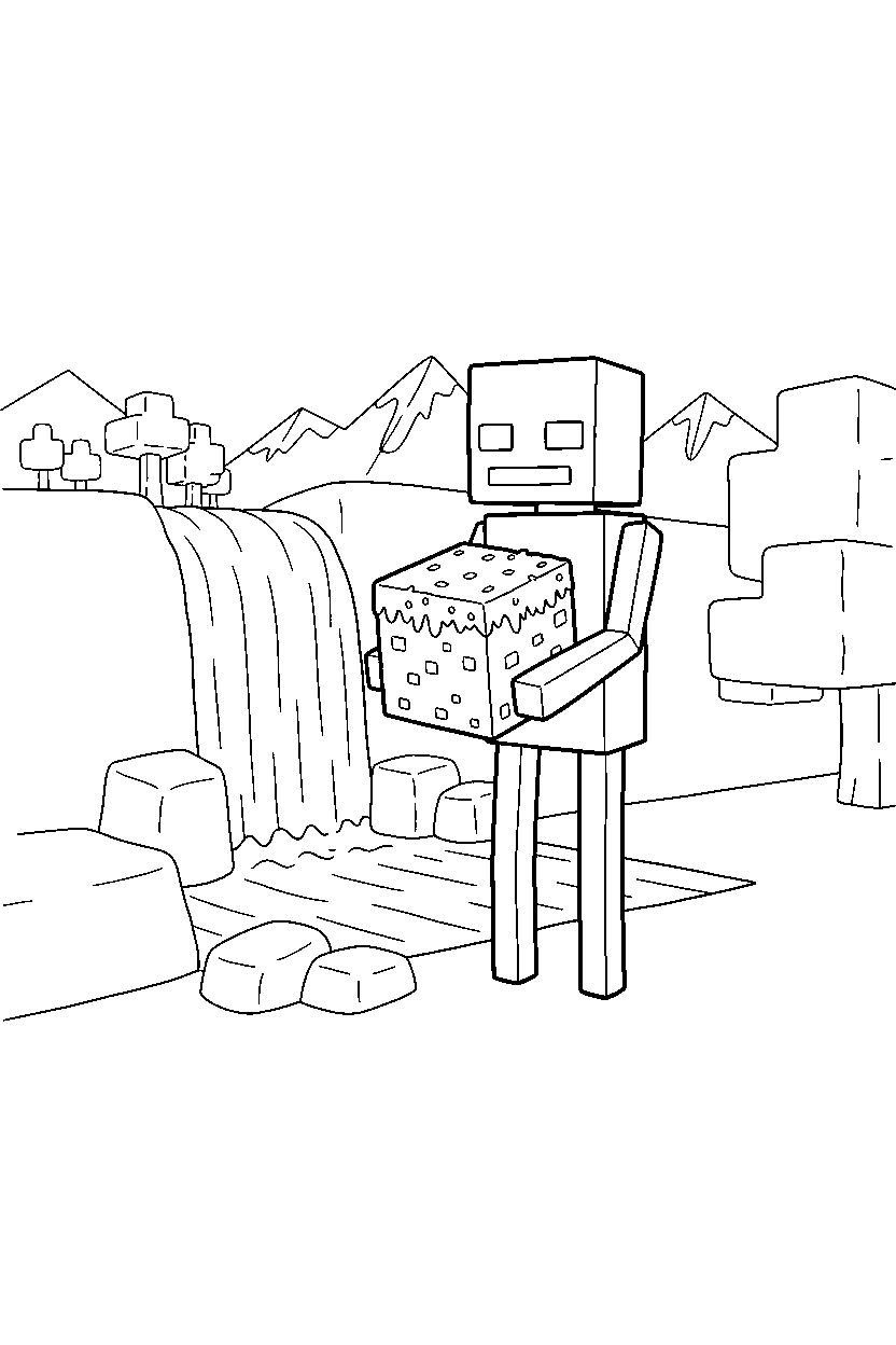 minecraft enderman holding a grass block near a waterfall line art
