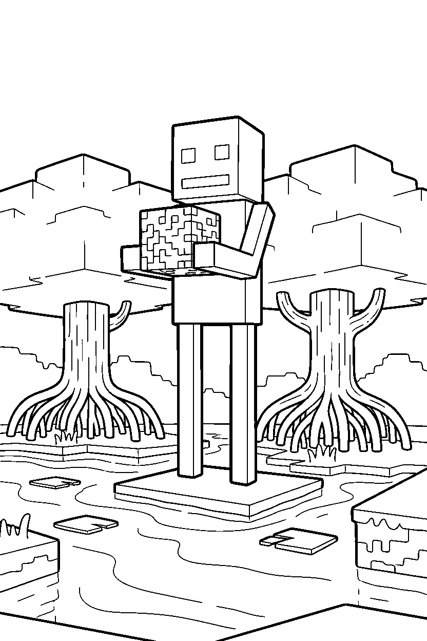 minecraft enderman holding a moss block in a mangrove swamp line art