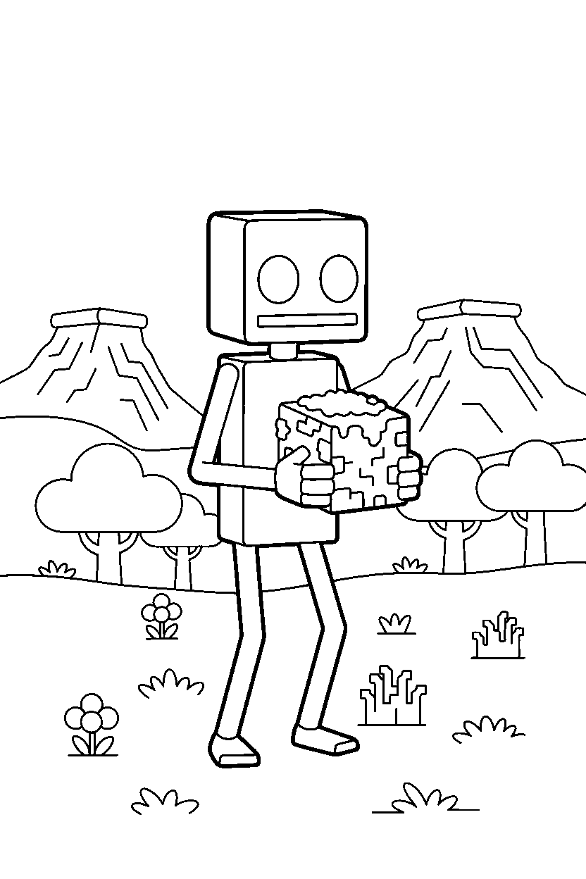 minecraft enderman holding a moss block in a savanna line art