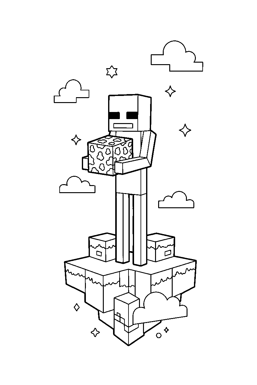minecraft enderman holding a moss block in a sky base line art