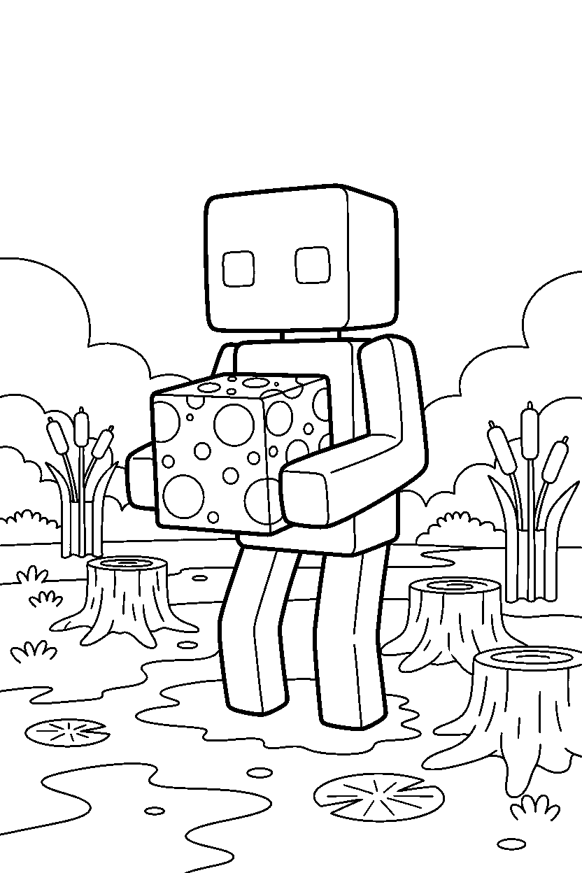 minecraft enderman holding a moss block in a swamp line art