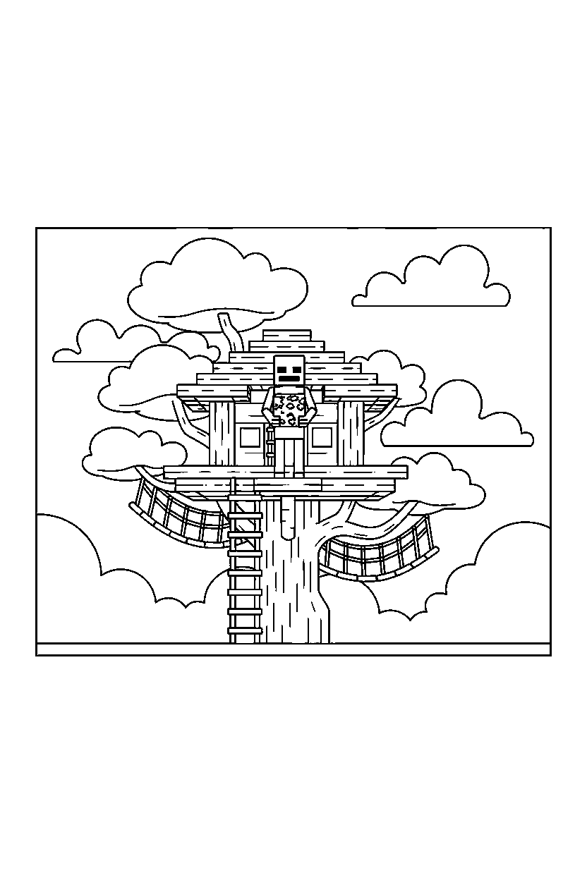 minecraft enderman holding a moss block in a treehouse base line art