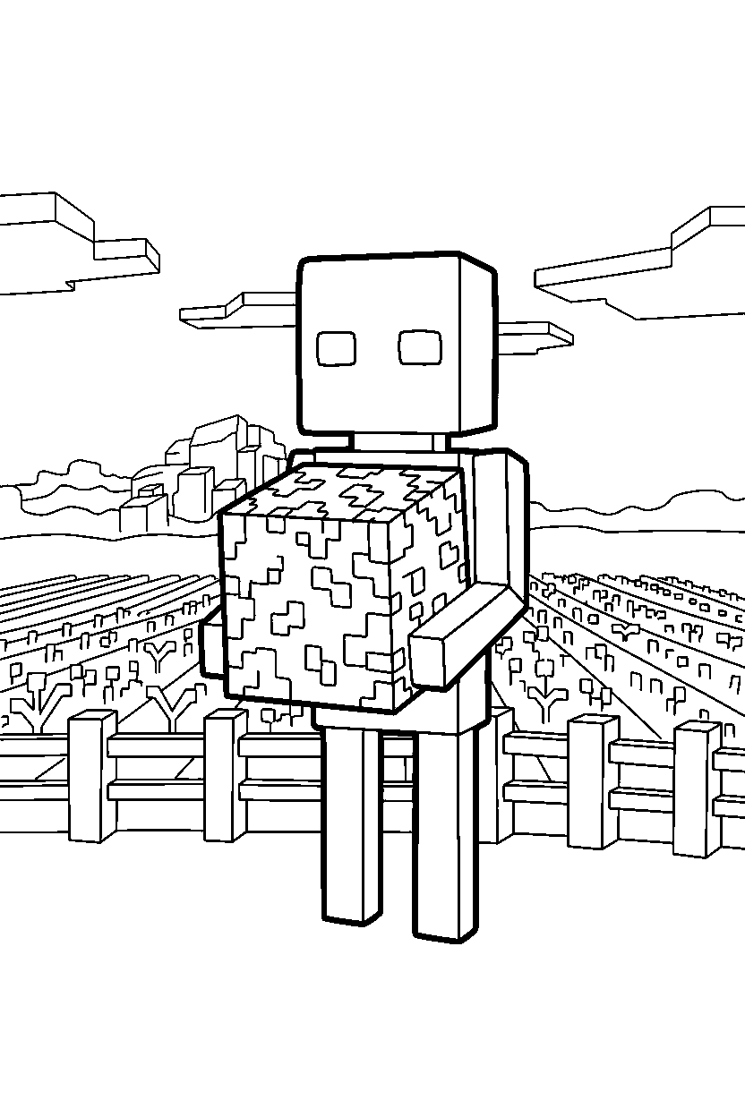 minecraft enderman holding a moss block near a farm field line art