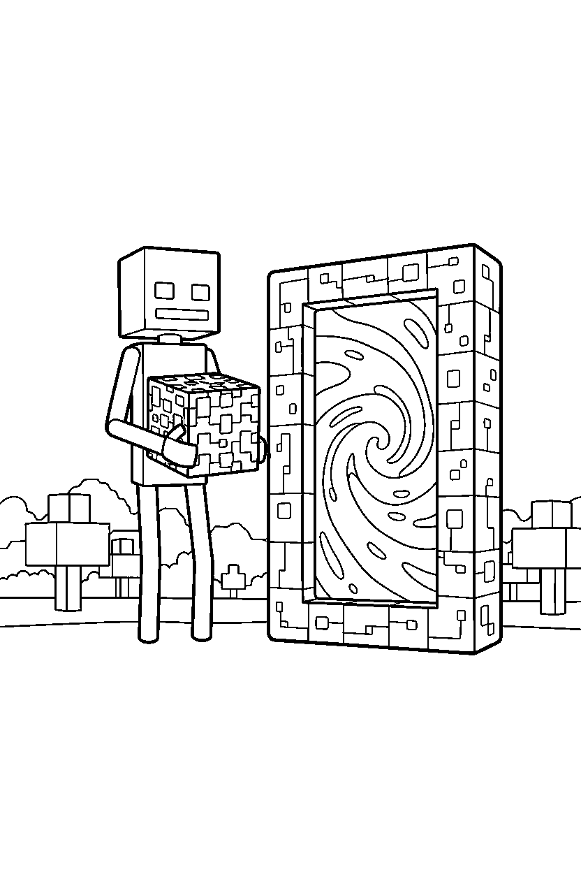 minecraft enderman holding a moss block near a nether portal line art