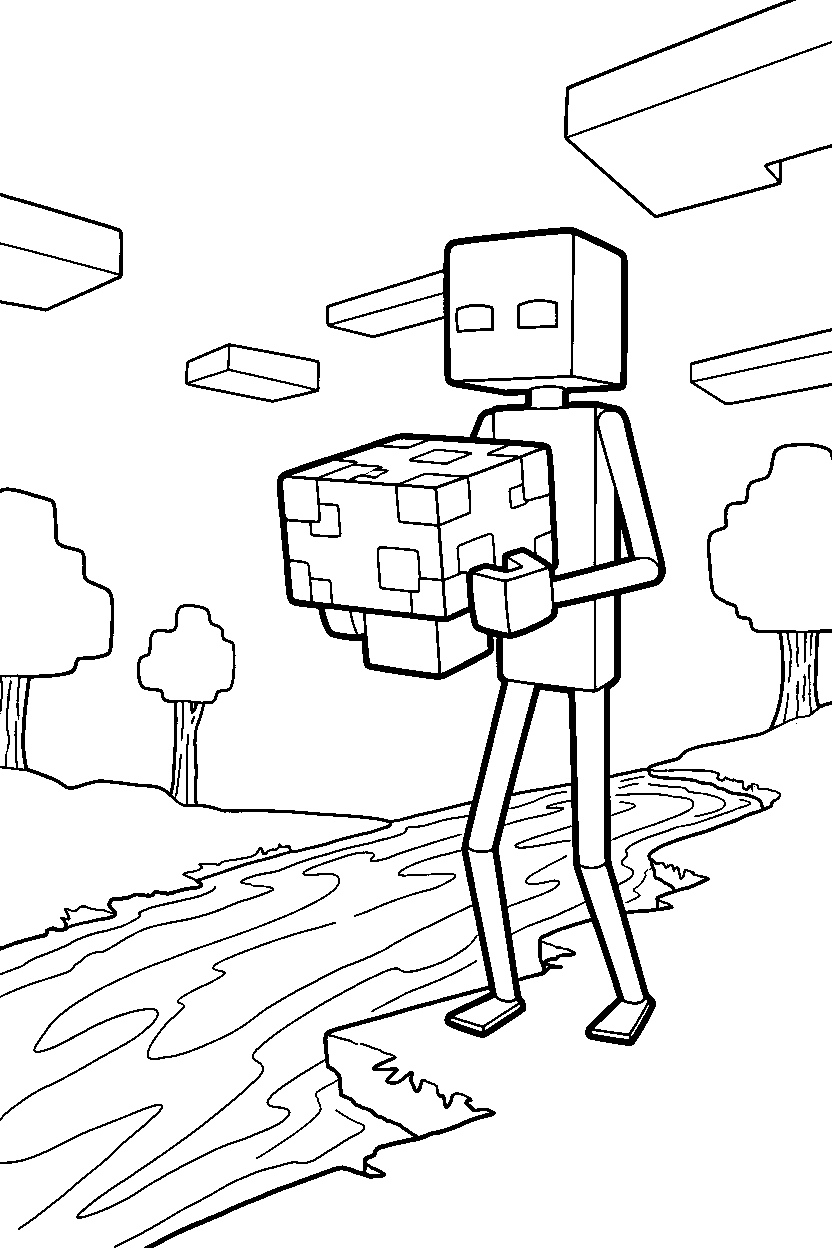 minecraft enderman holding a mushroom block near a river line art