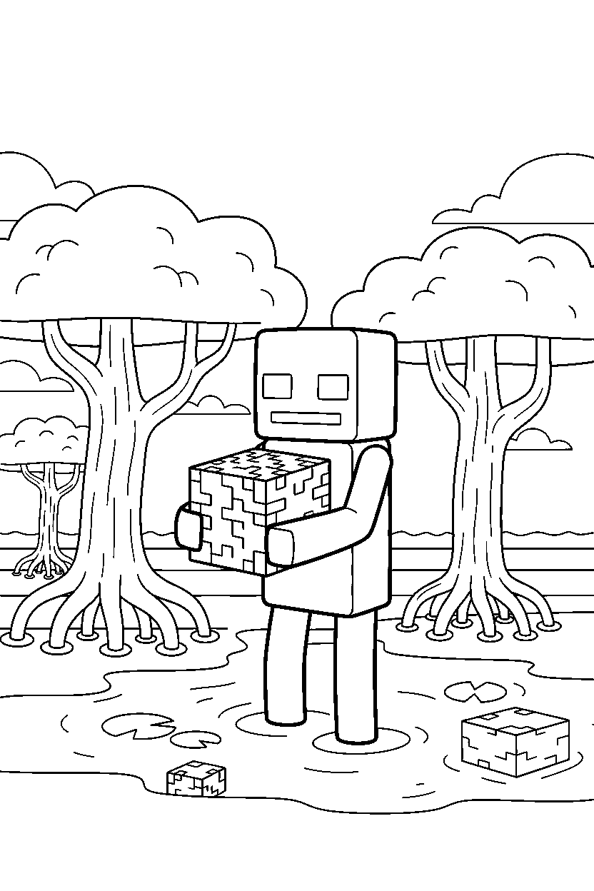 minecraft enderman holding a netherrack block in a mangrove swamp line art