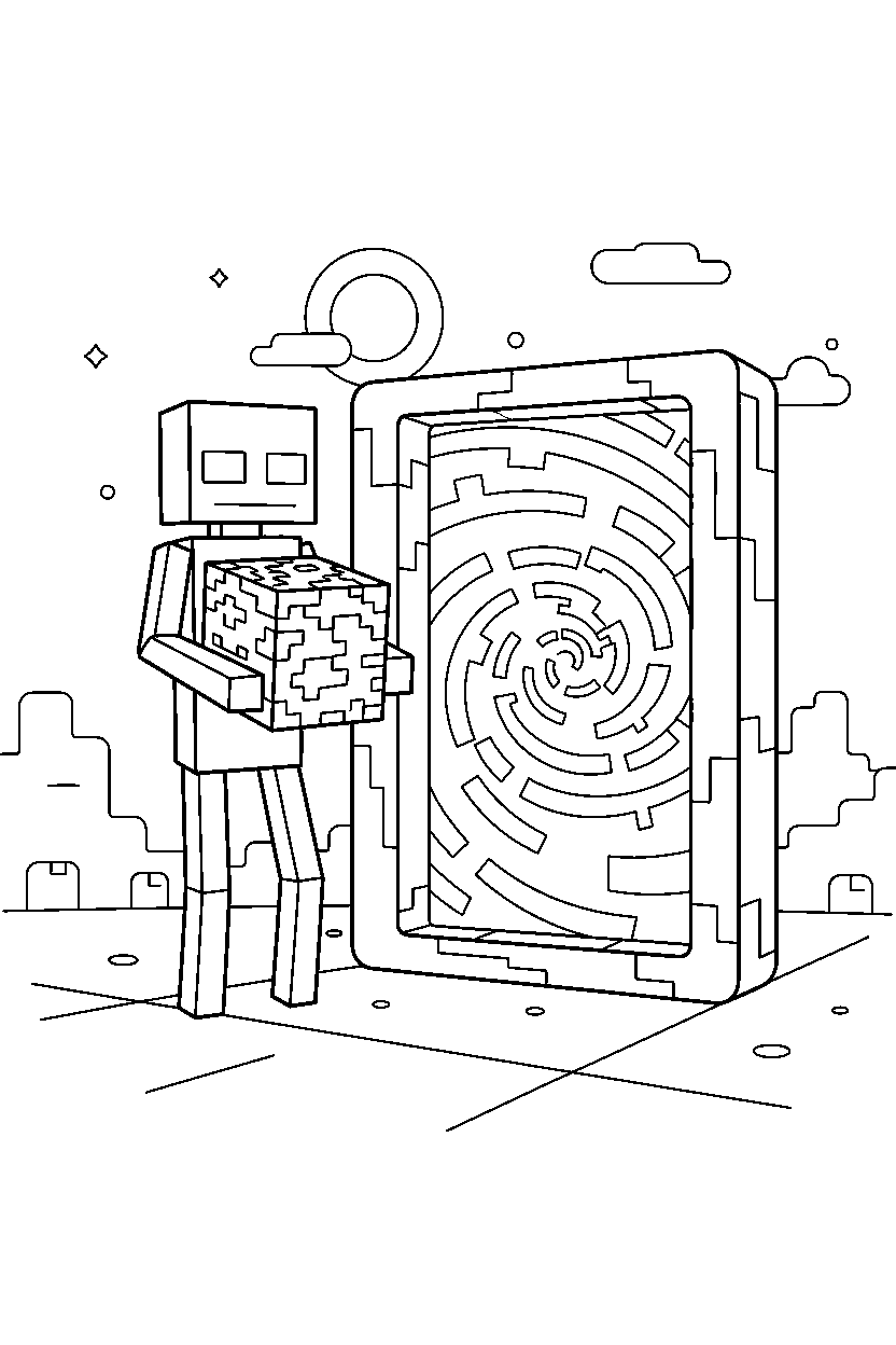 minecraft enderman holding a netherrack block near a nether portal line art