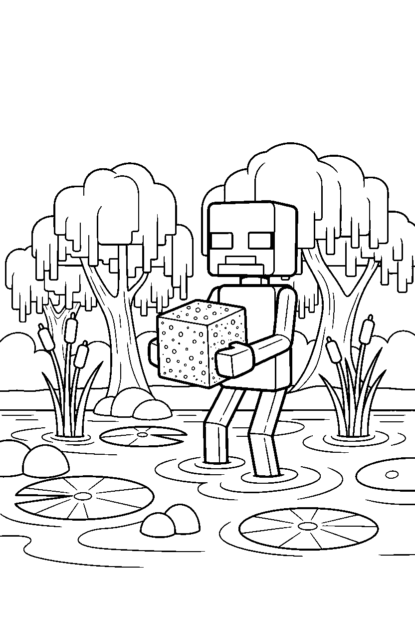 minecraft enderman holding a sand block in a swamp line art