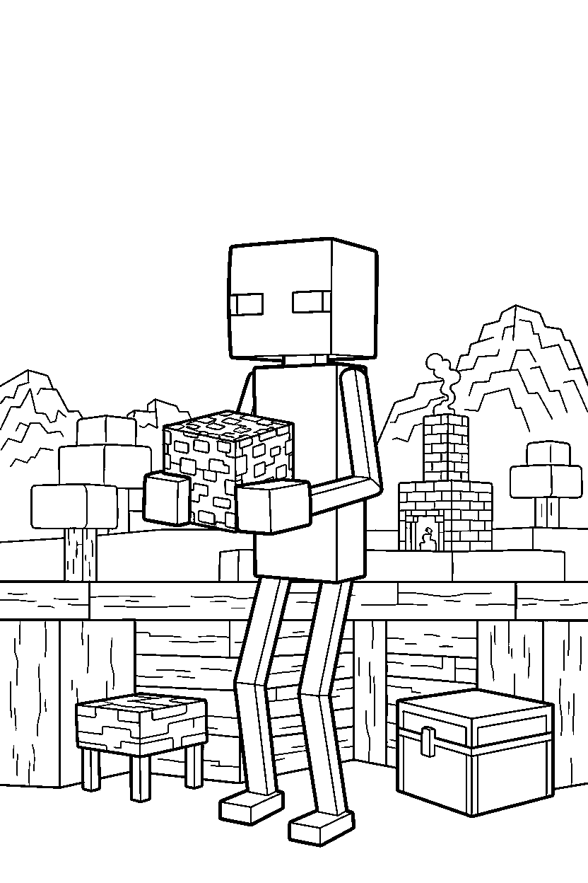 minecraft enderman holding a stone block in a survival base line art