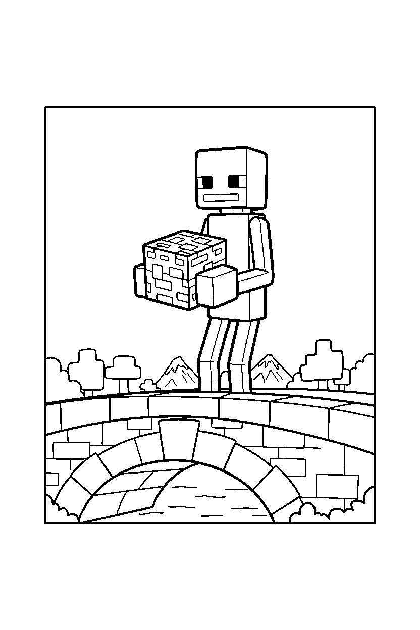 minecraft enderman holding a stone block on a bridge line art