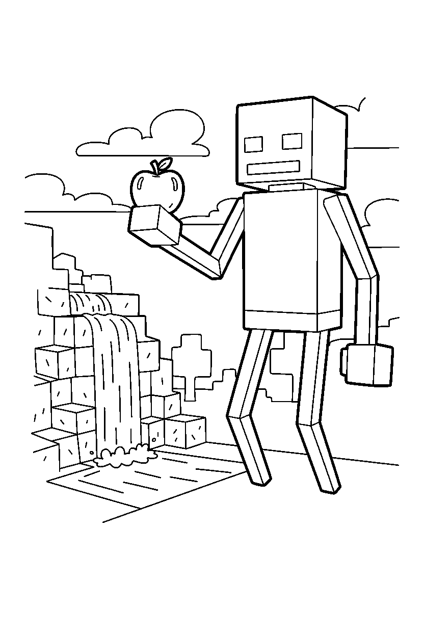 minecraft enderman holding an apple near a waterfall line art