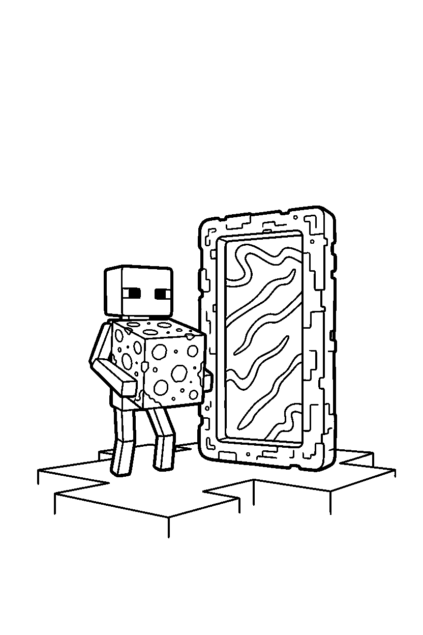 minecraft enderman holding an end stone block near a nether portal line art