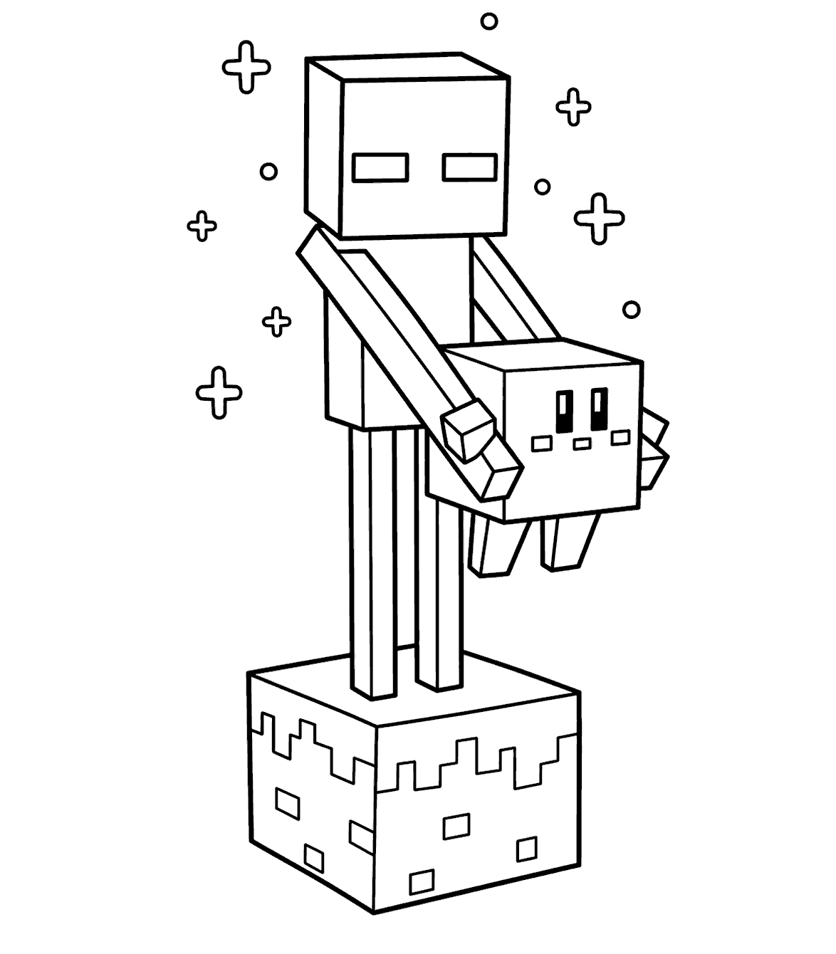 minecraft enderman holding cute kirby line art for kids