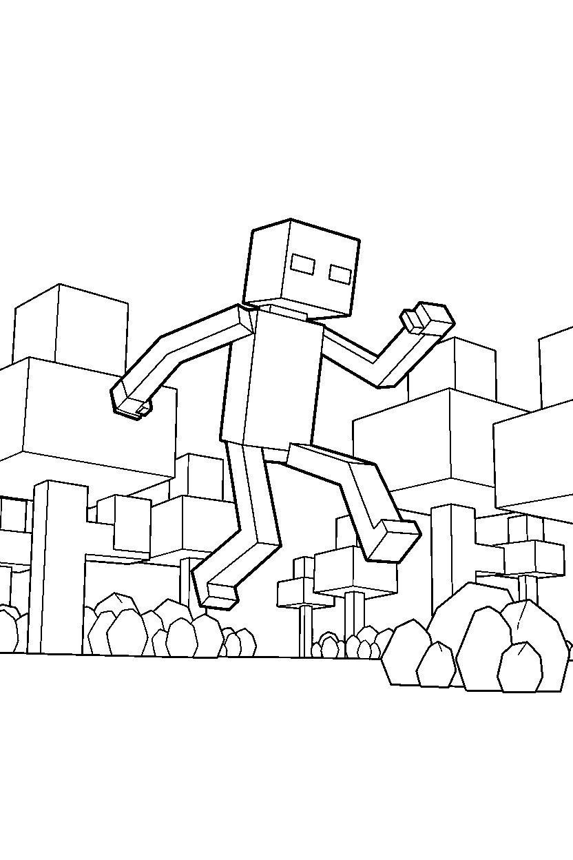 minecraft enderman jumping in forest line art