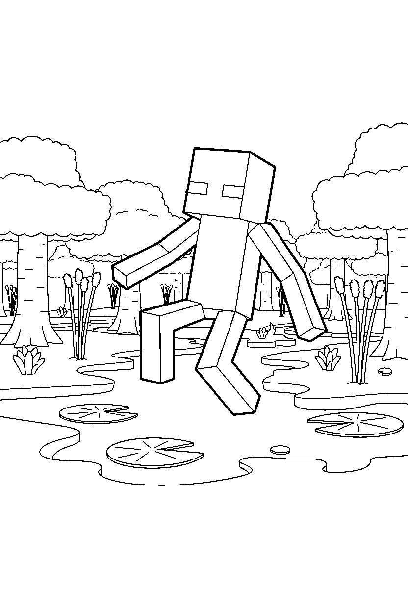 minecraft enderman jumping playfully in a swamp line art