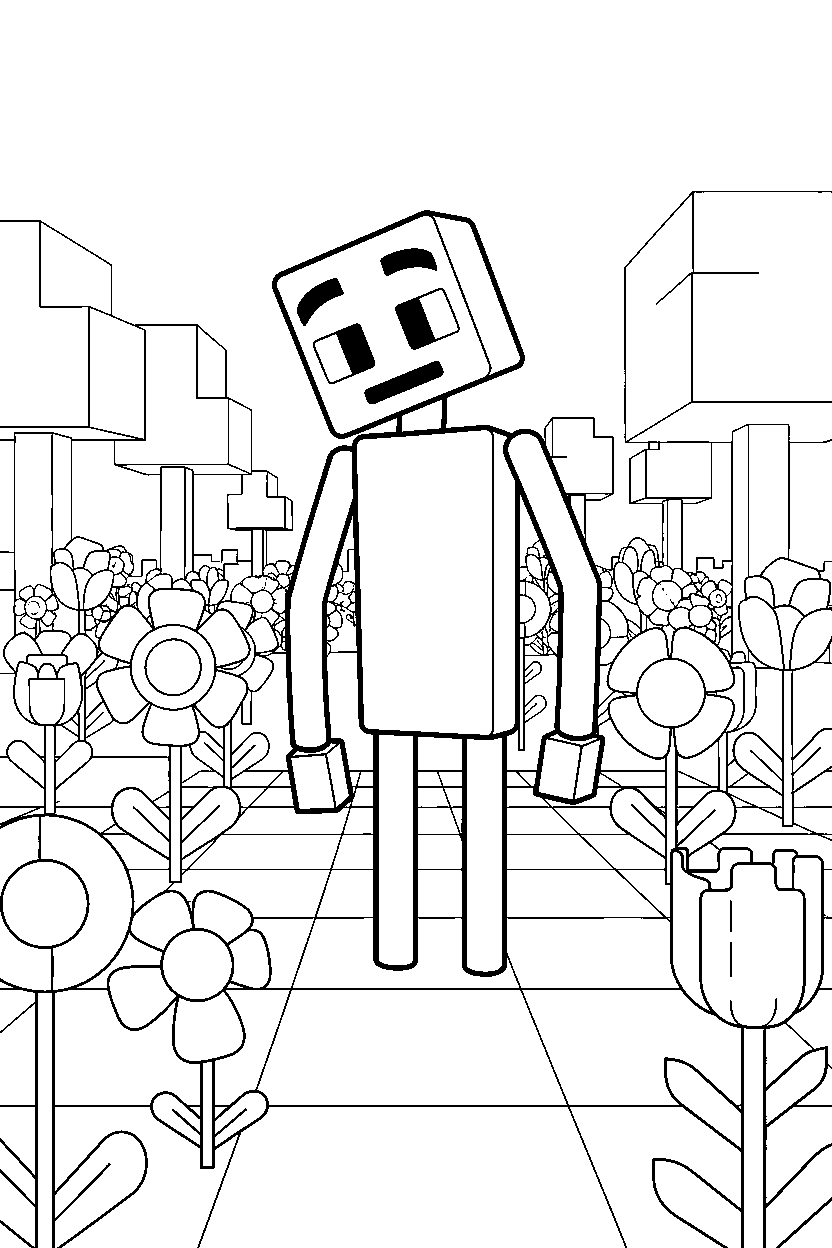 minecraft enderman looking around curiously in a flower forest line art