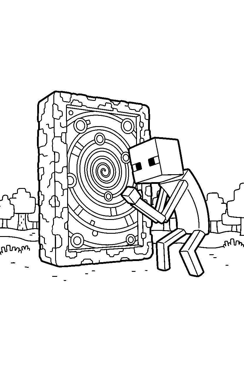 minecraft enderman looking around curiously near a portal line art