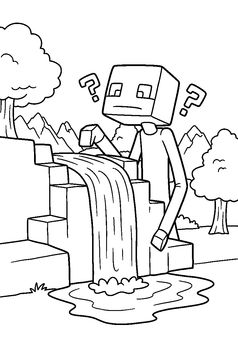 minecraft enderman looking around curiously near a waterfall line art
