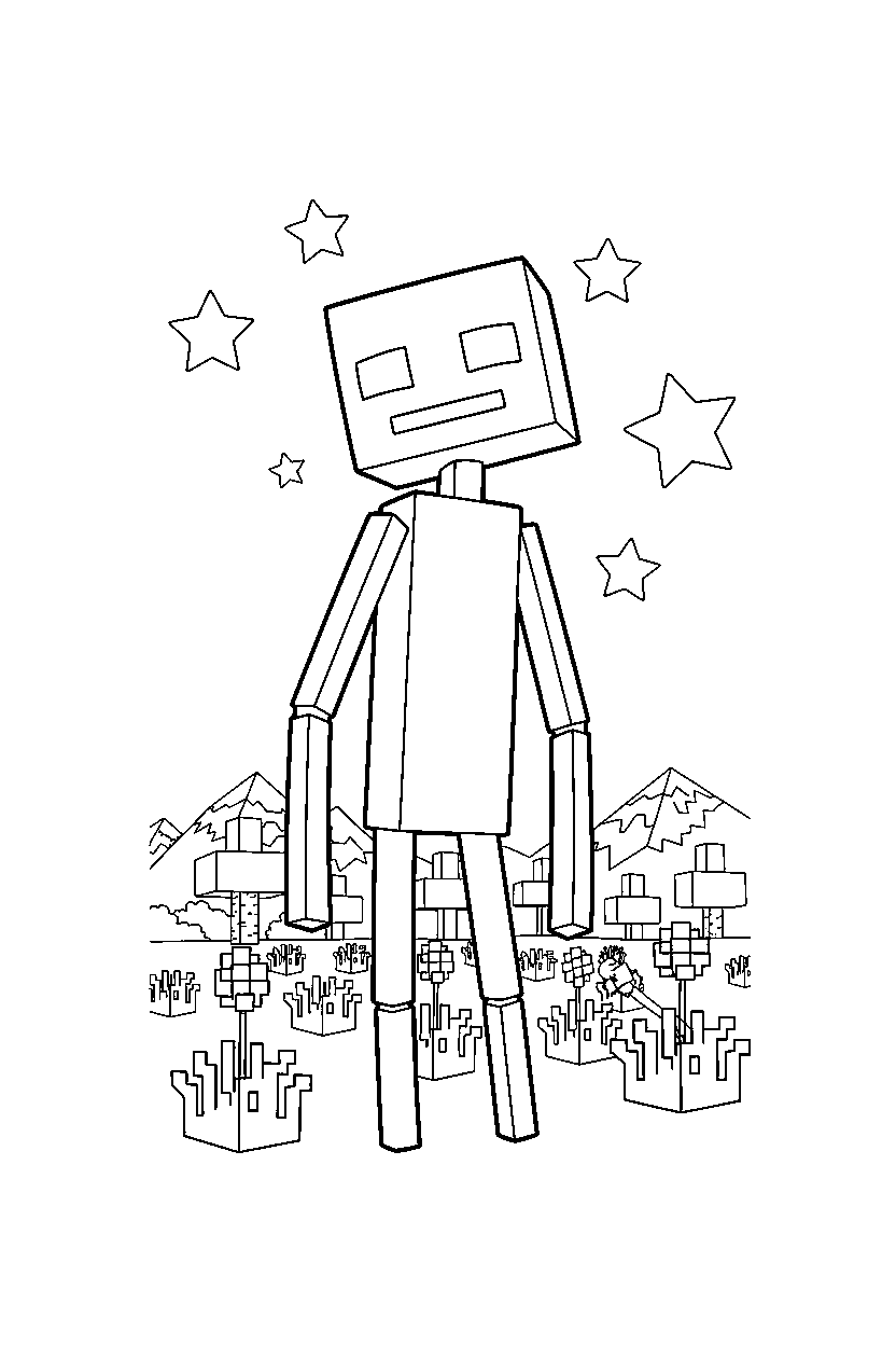 minecraft enderman looking toward the sky in a meadow line art