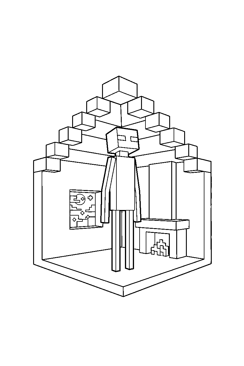 minecraft enderman looking toward the sky inside a house line art