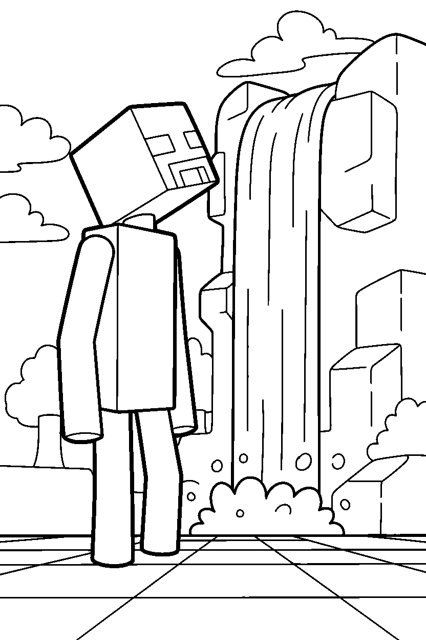 minecraft enderman looking toward the sky near a waterfall line art