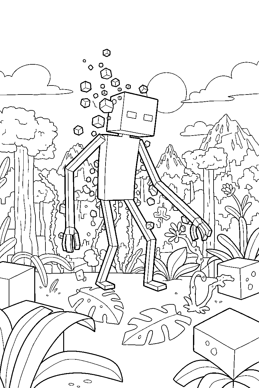minecraft enderman materializing suddenly in a jungle line art